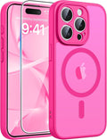 FNTCASE for iPhone 15 Pro Max Case, Fit for Magsafe, Glass Screen Protector | Full Camera Protection, Translucent Matte, 14FT Military Grade Drop Proof, Shockproof Protective Phone Cover, Hot Pink by FNTCASE