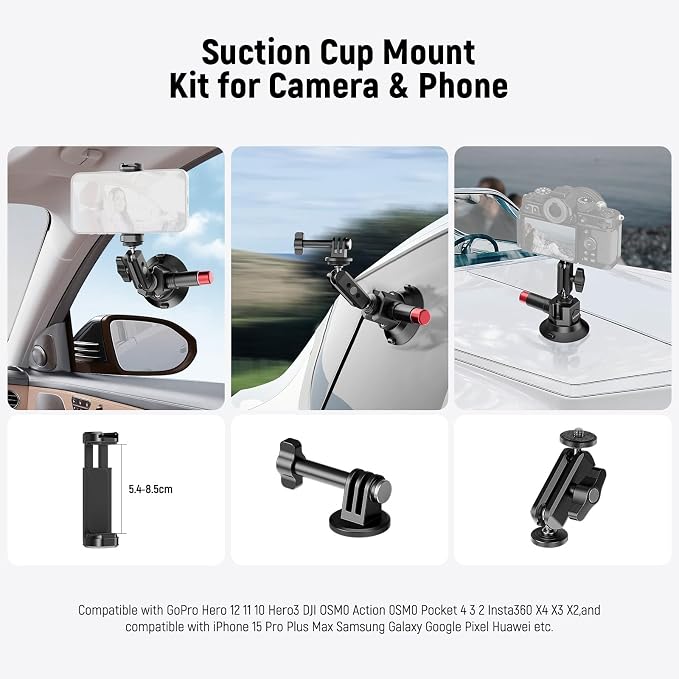 NEEWER 3" Suction Cup Camera Mount Bracket with Ball Head Magic Arm, CA104 | 1/4" ARRI Holes, Quick Release Car Mount, Phone Holder, Action Camera Adapter, Compatible with iPhone DJI Insta360 - Image 2