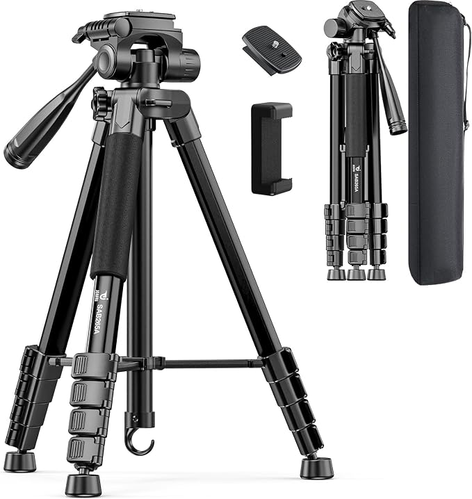 73" Camera Tripod for Camera and Phone, Aluminum Travel Tripod | DSLR Tripod with Phone Holder, Quick Release Plate, Travel Bag, Compatible with GoPro Camcorder, 8.8 lbs Load by JOBFRI