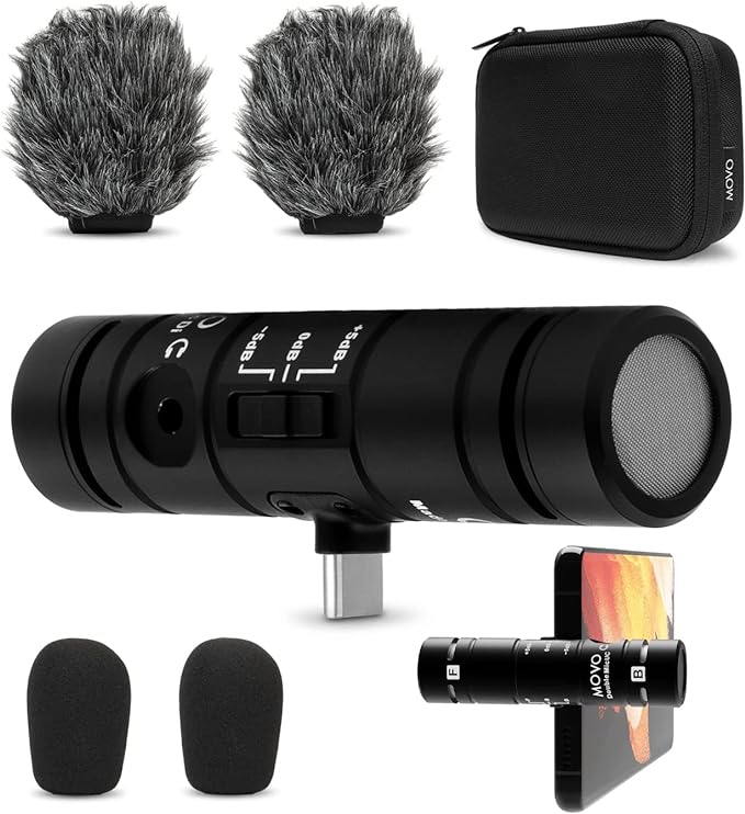Movo DoubleMic-UC Dual Capsule Phone Microphone for USB-C Devices- Two-Sided Cardioid Condenser Android Shotgun Mic for Video Recording- Professional Microphone for Samsung, iPad Pro, Google Pixel by Movo
