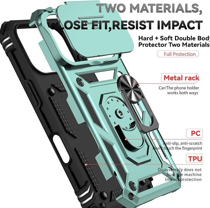 SunStory Phone Case for iPhone 17 Pro Case with HD Screen Protector & Slide Camera Cover & Rotated Ring Kickstand, [Military-Grade] Phone Case for iPhone 17 Pro, Green - Image 8