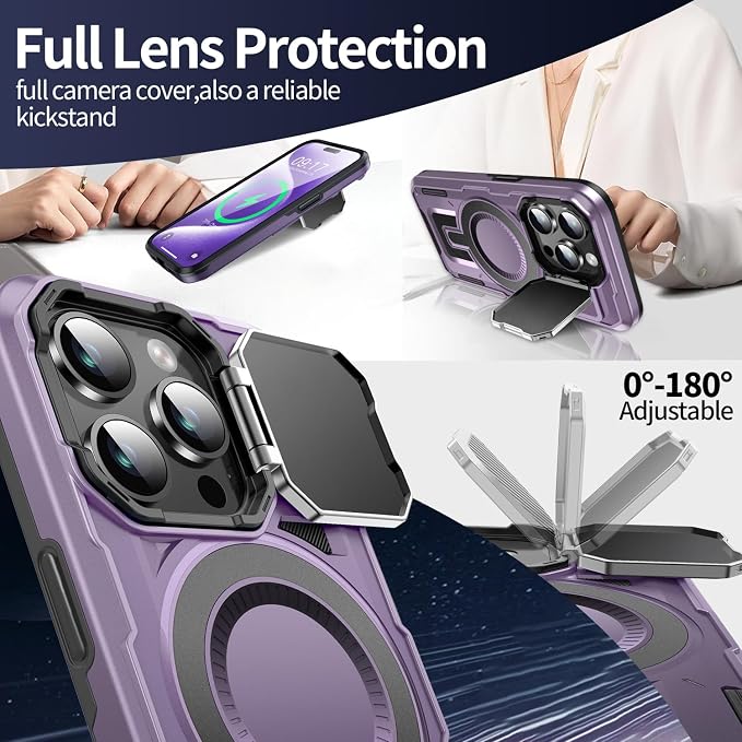 Camera Stand Case for iPhone 15 Pro Max, [Compatible with Mag Safe] [Lens Cover] 2024 Version Military Grade Protective Soft Case for iPhone 15 Pro Max 6.7 inch Men Women, Purple - Image 3