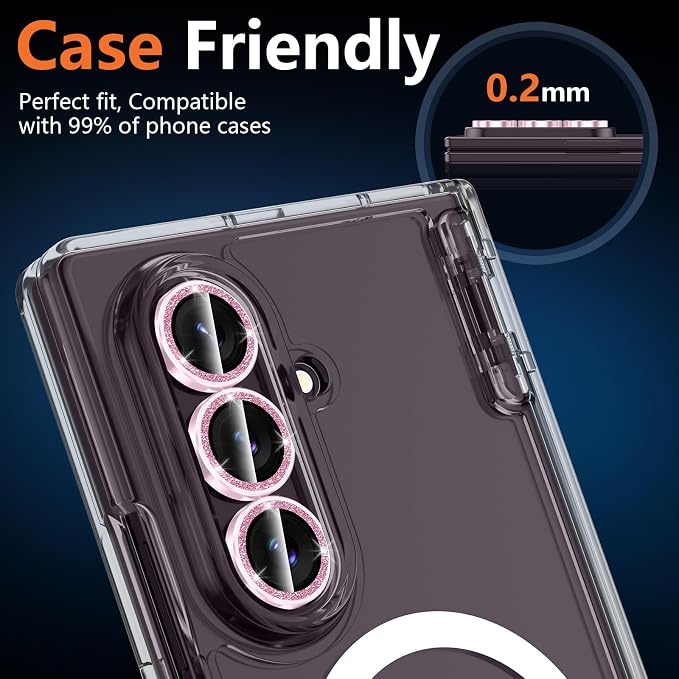 for Samsung Galaxy Z Fold 8 Ultra Camera Lens Protector, Individual Metal Ring Tempered Glass Lens Cover, [Strong Adsorption] Scratch Resistant Ultra-Thin HD Clear Lens Cover, 1 Set-Pink Sparkly - Image 6
