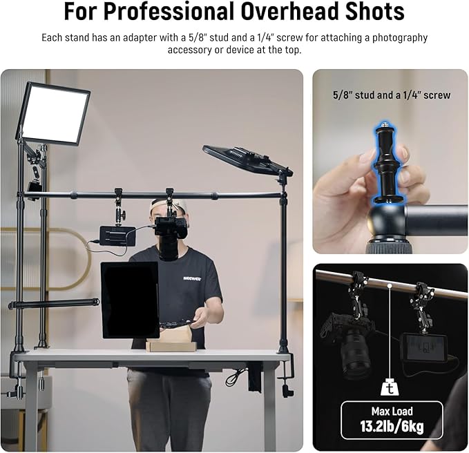 NEEWER Overhead Camera Mount Rig with Dual Ball Head Super Clamp/Phone Holder/C Clamp for Desktop Top Down Shots, Metal Multi Device Mount Platform for Photography Live Streaming Video Making, NK003 - Image 5
