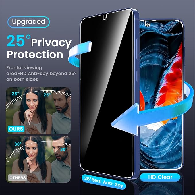 firtstnow 3 Pack Privacy Screen Protector for Samsung Galaxy S25 Plus Tempered Glass + 2 Pack Camera Lens Protector, True 25°Anti Spy, 9H+ Hardness, Fingerprint Unlock, Bubble-Free 6.7Inch - Image 2