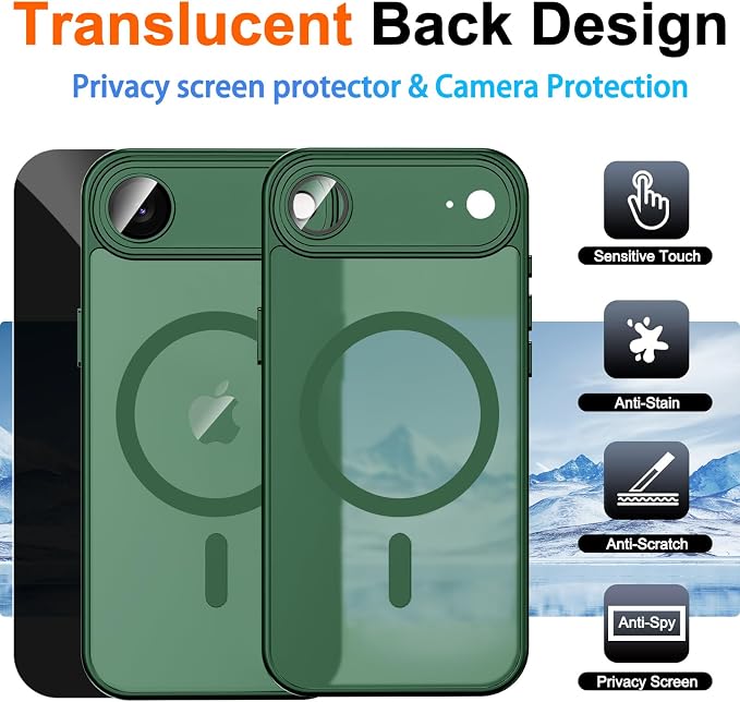 for iPhone Air Case with Privacy Screen Protector, Green | Full Camera Protection, Magnetic, Compatible with MagSafe, Translucent Matte Shockproof Phone Cover for iPhone 17 Air - Image 2