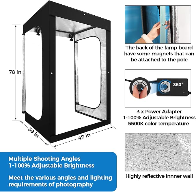 Photo Light Box, Portable 47"x39"x78" Photo Studio Light Box, Shooting Tent Kit with 768 Light Beads and 3 Color Backdrops. Large Lightbox with 6 Stepless Dimming Light Boards for Photography - Image 5