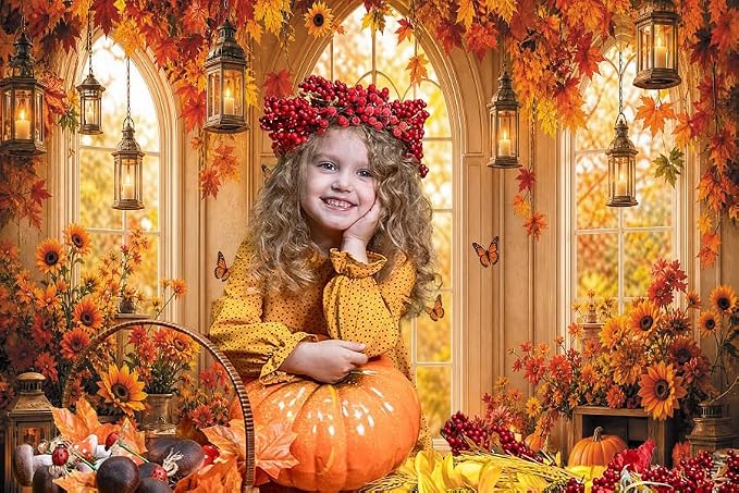 Fall Window Backdrop for Photography 10x8 Thanksgiving Party Decorations | Autumn Pumpkin Maple Photo Backdrop with Butterfly Floral Sunflower Friendsgiving Theme Background Photo Booth Props Vinyl - Image 5