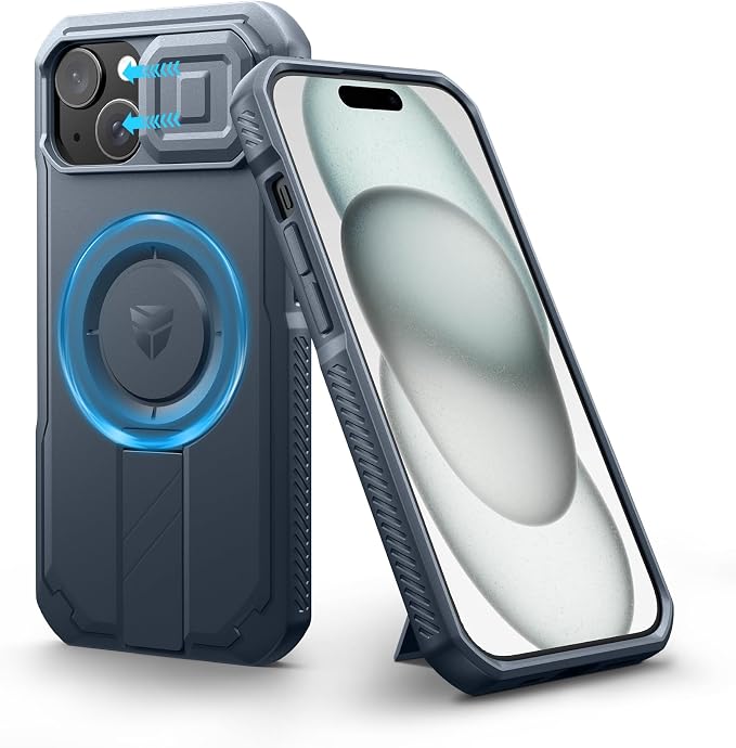Dexnor for iPhone 15 Case with Slide Camera Cover & Adjustable Kickstand, Compatible with MagSafe, Rugged Shockproof Bumper Cases Heavy-Duty Magnetic Protective Cover,6.1 inch,Navy Blue by Dexnor