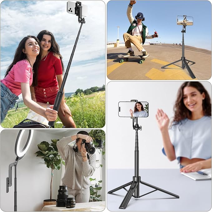 Selfie Stick Tripod for Phone with Remote Control & Holder, 63 Inch, Black | Extendable Selfie Stick Travel for iPhone, iPhone Tripod for Video Recording - Image 7