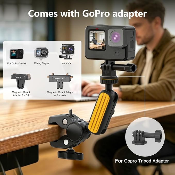 MINIFOCUS Super Clamp with 360° Dual Ball Head Magic Arm, 1/4" Thread Screw, Action Camera Clamp Mount Adapter for DSLR, Monitor, Action,Insta360 for Desk Tripod Tube Crossbar Bike/Motorcycle - Image 5