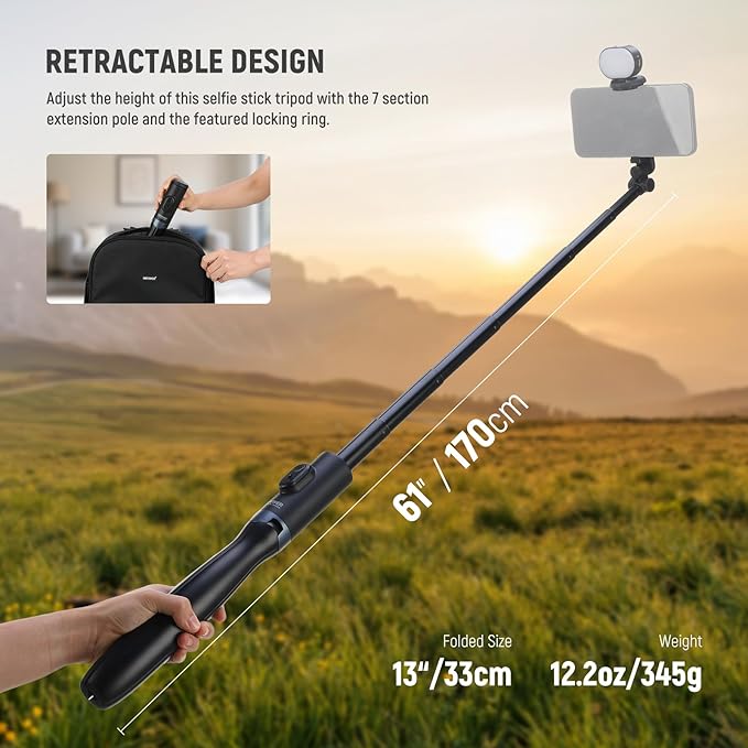 NEEWER Entry Level Version Selfie Stick Tripod with Light & Remote Compatible with iPhone Samsung Android, 67" Extendable Portable Travel Cell Phone Holder Stand for Video Recording Filming, PA987 - Image 4