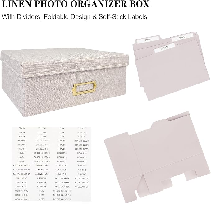 Linen Photo Storage Box – Holds 1700 Photos, Photo Organizer with Lid for Photo, Pictures, 24 Adjustable Dividers & 72 Labels Multi-Use Organizer Memory Box for Envelopes, Baby, Wedding, Cards Beige - Image 6