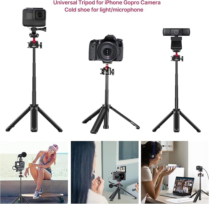 ULANZI MT-16 Extendable Mini Camera Tripod, 4 Levels Adjustment 360° Ball Head Cold Shoe Lightweight Portable Vlog Travel Selfie Stick Handle Grip Desktop Webcam Tripod for DSLR Action Camera - Image 2