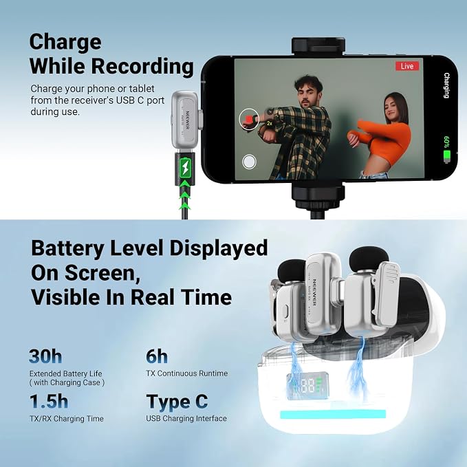 NEEWER KM19 Wireless Lapel Microphone Compatible with iPhone 17 16, Silver | Compatible with iPhone Android & PC, Mini Lav Mic, App Control, 3 Level Noise Cancelling, 30H Battery, 100m, Video Recording - Image 6
