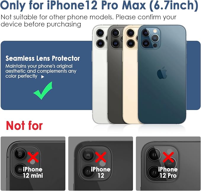 FanTEK Camera Lens Protector Compatible with iPhone 12 Pro Max, 9H Tempered Glass Camera Screen Cover, Ultra HD Clear Acrylic Full Coverage Guard, Case Friendly - Image 2