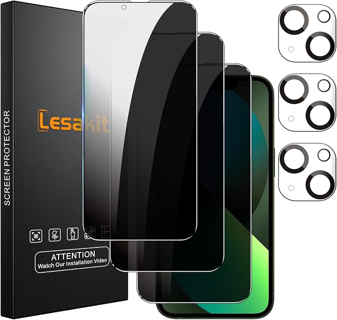 Lesakit 3+3 Pack Privacy Screen Protector for iPhone 13 6.1-Inch with 3 Pack Camera Lens Protector, Anti Spy Tempered Glass Film 9H Hardness Bubble Free Case Friendly by Lesakit