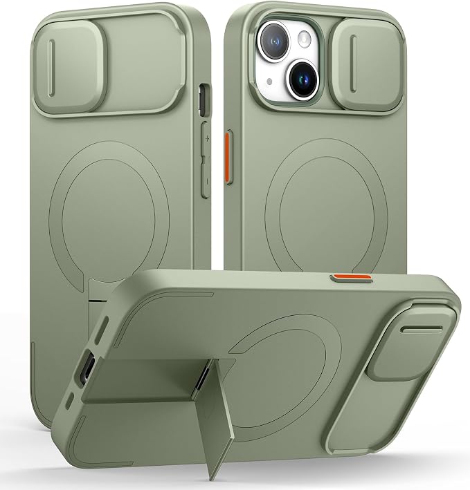 SURITCH for iPhone 13/14 Case with Magnetic Camera Slide Cover and Adjustable Kickstand, Compatible with MagSafe, Shockproof Bumper Case Slim Protective Cover for iPhone 13/14 6.1 Inch, Green by SURITCH