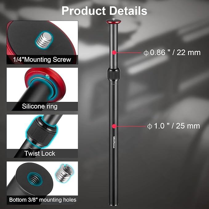 MINIFOCUS Tripod Extension, 2 Section Center Columns, 23.4" Alloy Aluminum Tripod Extender Tube Telescopic Stick Rod/Pole with 1/4" 3/8" Screw, Compatible with Tripods/Gimbal/Camera, Max Load 33lb - Image 2