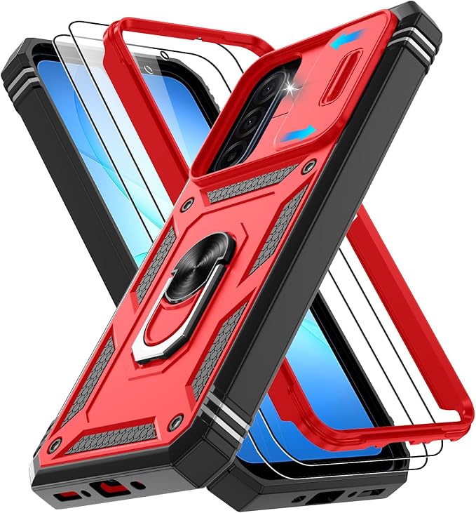 Gritup for Samsung Galaxy A17/A16-5G Phone Case with Camera Cover | 2*Screen Protector & 360° Rotating Ring Kickstand, Military Grade Protective Cover para Galaxy A 17, Red+Black by Gritup