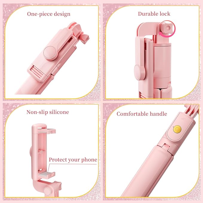 Pink Selfie Stick Tripod, with Wireless Remote Control, Live Streaming and Video Recording, Compatible with Android, iPhone and More - Image 2
