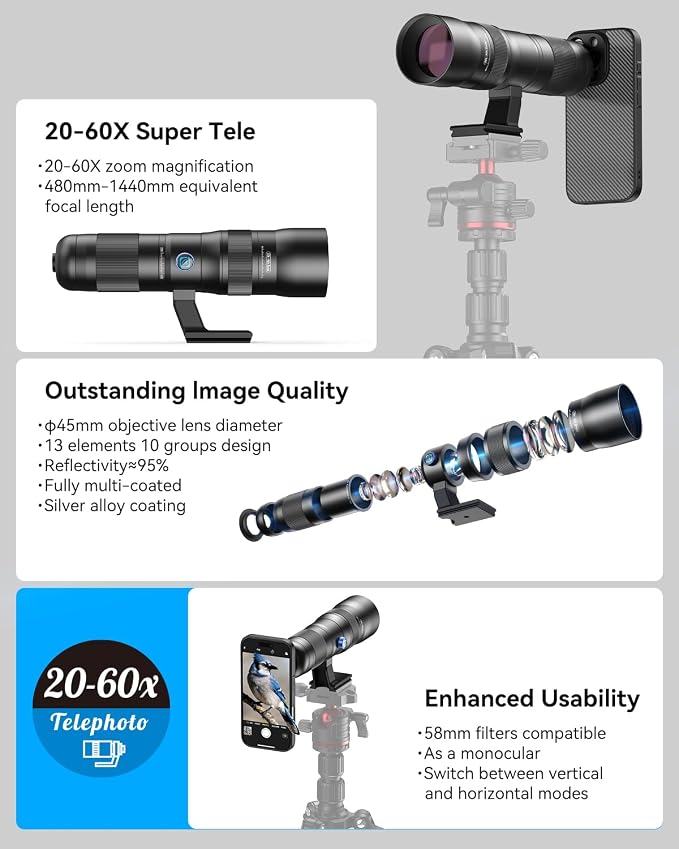 20-60X Zoom Telephoto Lens for iPhone 16 Pro, Evil Eye High Power HD Telephoto Phone Lens with Phone Case - Image 8