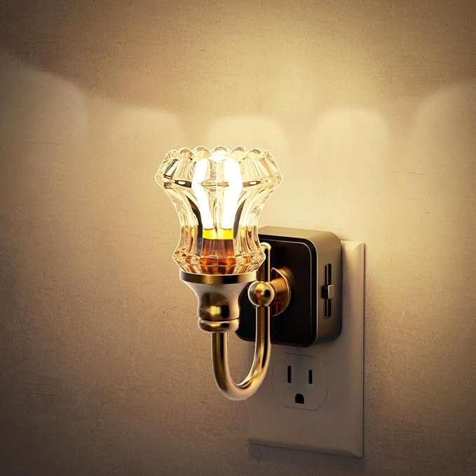 JandCase Night Light, Night Lights Plug into Wall, Glass Floral Nightlight | 0-100LM Dimmable LED Flower Nightlights, Dusk to Dawn Sensor, 1W Vintage Nite Light for Bathroom Hallway Gift Vanity Decor by JandCase