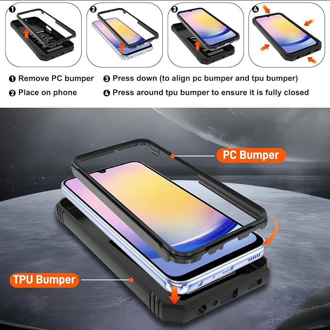 Fit for Samsung Galaxy A25 5G Phone Case with 2PCS Screen Protector, Build in 360° Rotating Ring Kickstand, Military Grade Protective Case for Samsung A25 Case Phone, Black - Image 3