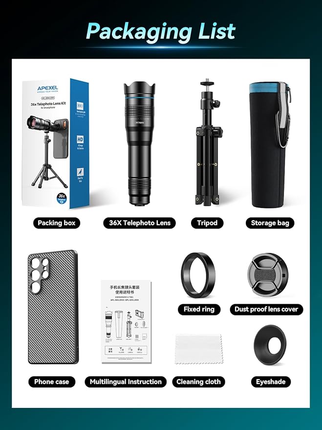 APEXEL 36x Telephoto Lens Compatible with Samsung Galaxy S25 Ultra | Photography for Travel, Birdwatching, Exploration | Kit with Sturdy Metal Tripod and Threaded Phone Case - Image 7