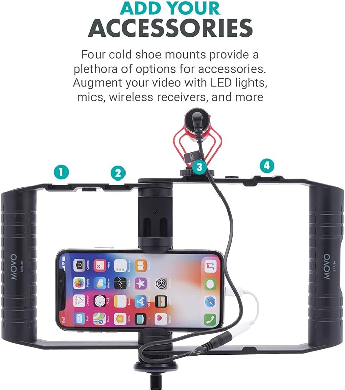 Movo SPR-20 Foldable Smartphone Video Rig Cage | Cold Shoe Mounts for Microphone or LED Light, Vlogging Mount Compatible with iPhone, Android - Image 4
