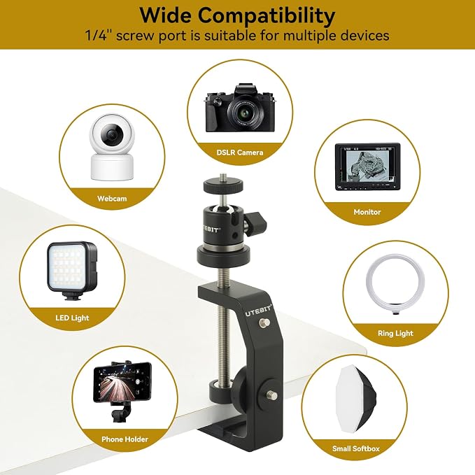UTEBIT Super Clamp Mount with Mini Ball Head Mount, Black (90mm) | 1/4" Screw Hot Shoe Mount Adapter Camera Clamp Mount for Desk, Bicycle Gopro Clamp Mount Compatible for DJI Action 2/Insta360 - Image 5