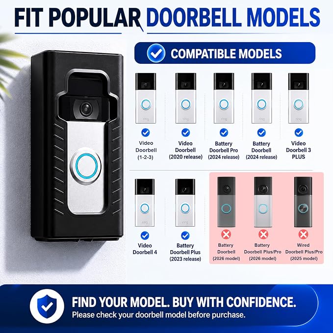 Adhesive Mount Compatible with 2024 Upgrade Video Doorbell No-Drill Mounting Bracket Cover Holder Anti-Theft Full Coverage Protective Housing for Apartments & Renters (Matte Black) - Image 2