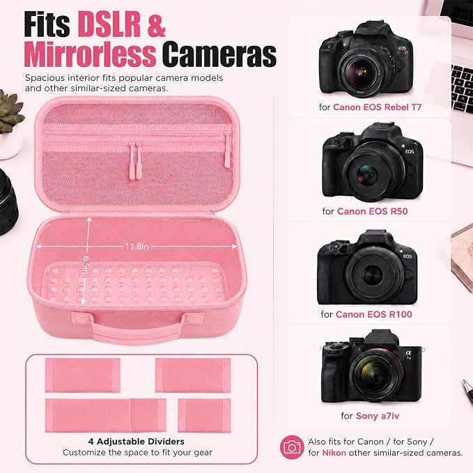 Camera Case for Canon EOS Rebel T7/R50/R100/for Sony a7iv/Mirrorless | EVA hard shell, Oxford fabric, 4 adjustable dividers and 3 mesh pockets for camera travel and home storage-Pink (Case Only) - Image 3