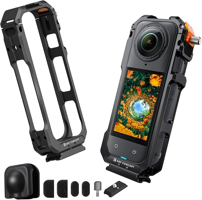 K&F CONCEPT Camera Cage with Silicone Lens Cover for Insta360 X5 | Aluminum Alloy Protective Case Frame with 2 Cold Shoe Mounts for Microphone and Led Video Light Built-in 1/4" Screw Hole CI01 by KFCONCEPT