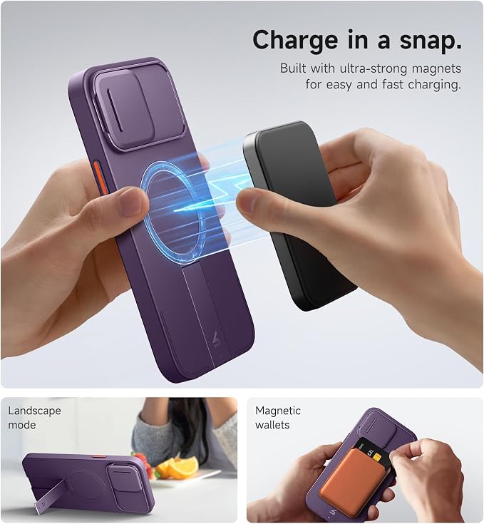 SURITCH for iPhone 13 Pro Max/12 Pro Max Case with Magnetic Camera Slide Cover and Adjustable Kickstand, Compatible with MagSafe, Shockproof Bumper Case Slim Protective Cover 6.7 Inch, Dark Purple - Image 3