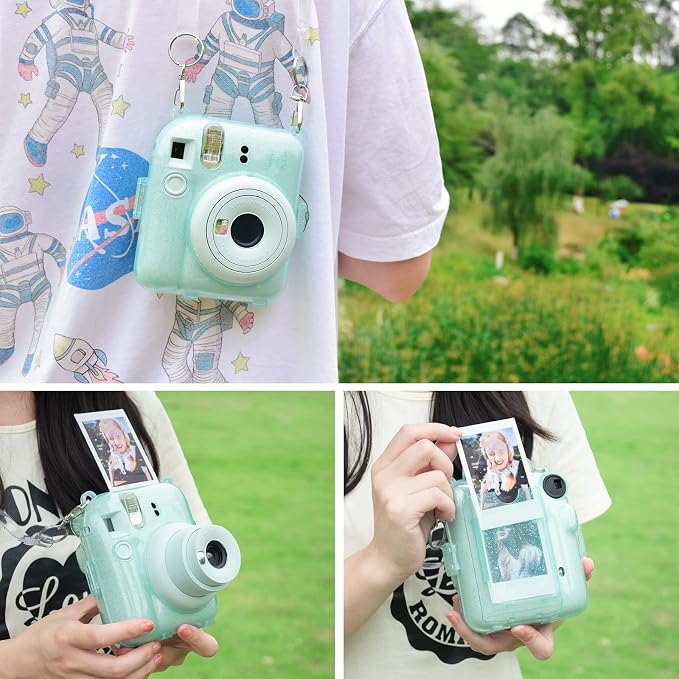 Rieibi Clear Case Compatible with Fuji Instax Mini 12 - Glitter Case Bag for Fujifilm Instax Mini 12 Instant Camera with Back Pocket, Strap and Photo Album - Glitter Green - Image 7