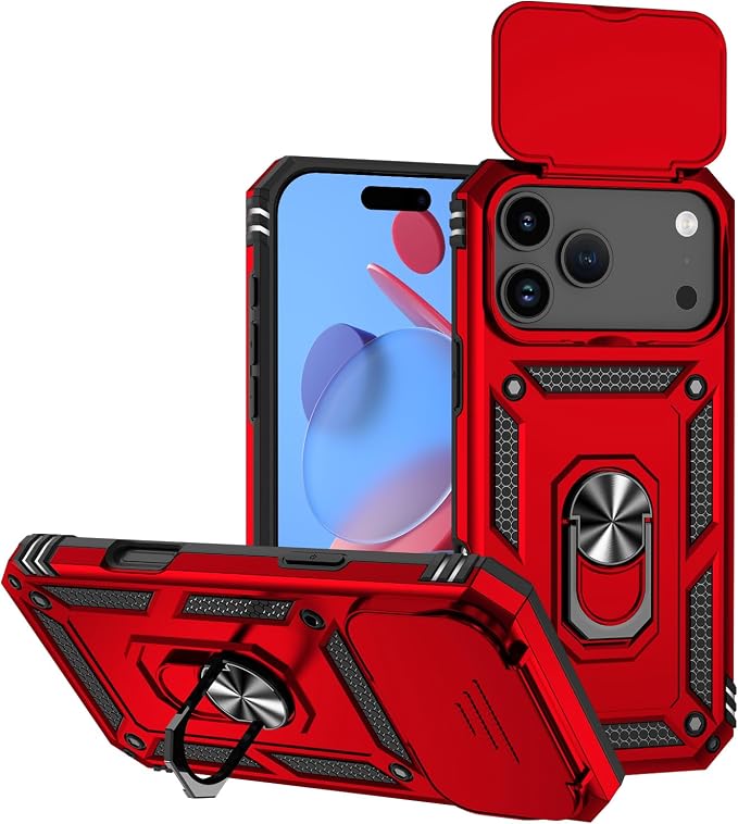 SunStory Phone Case for iPhone 17 Pro Max Case with HD Screen Protector & Slide Camera Cover & Rotated Ring Kickstand, [Military-Grade] Phone Case for iPhone 17 Pro Max, Red - Image 9