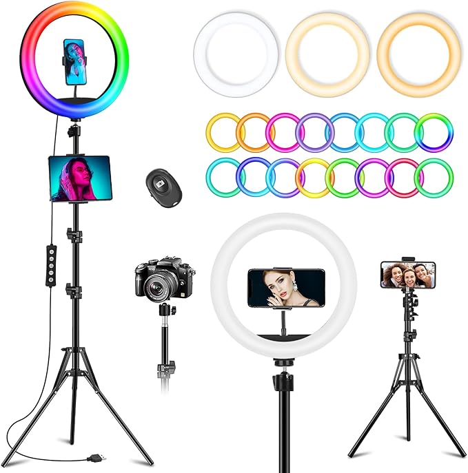 12.3" Ring Light with 74" Tripod Stand/Phone &iPad Holder-53 RGB Mode Light | Wireless Remote Circle Halo Light for iPhone, 12 Dimming Levels LED Ringlight with Stand for Makeup/Live Stream/Photo/TikTok by wiskey