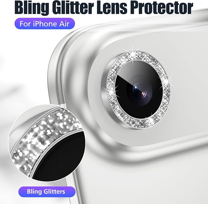 AGVEE 3+3 6 Pack for iPhone Air Camera Lens Protector Cover | Individual Bling Diamond & Bling Glitter Sparkle Cute Gem Metal Ring, 9H Tempered HD Glass - Image 5