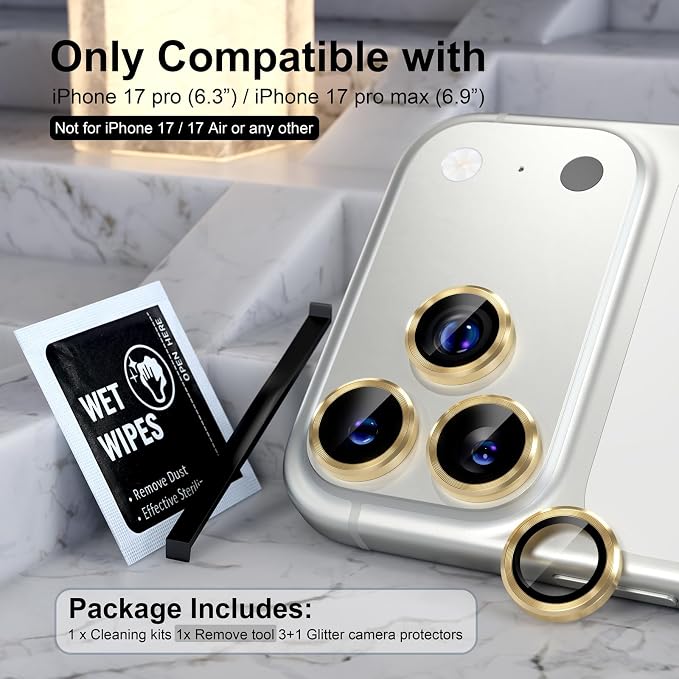 Choiche for iPhone 17 Pro/iPhone 17 Pro Max Camera Lens Protector | Ultra HD, 9H Tempered Glass Camera Cover Screen Protector Metal Ring Decoration Accessories (Gold) - Image 2