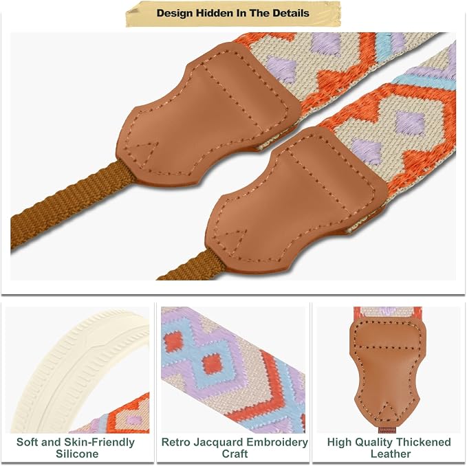 FIEIL Neck Strap Silicone Camera Straps - Padded Camera Strap, 1.5" Wide Adjustable Neck Strap - Compatible with Canon, Nikon, Sony, and More DSLR and Mirrorless Cameras (Orange purple khaki weave) - Image 3