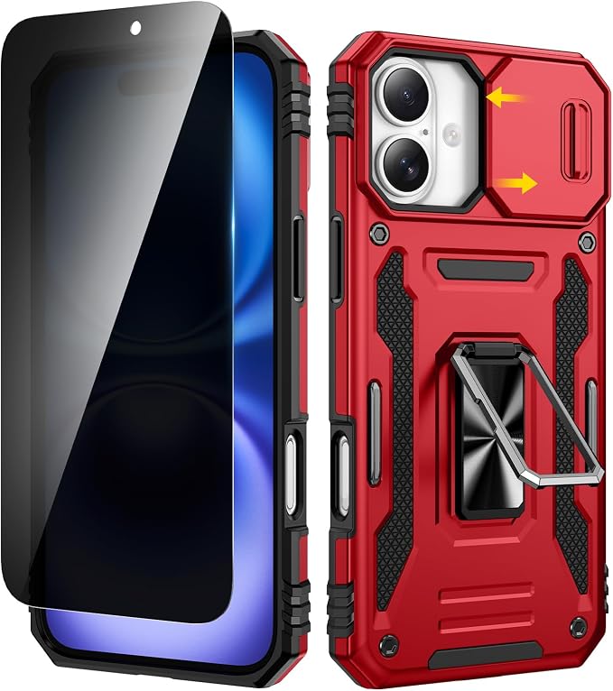 VEGO for iPhone 16 Plus Case with Privacy Screen Protector and Kickstand | Slide Camera Cover and Ring Kickstand Military Grade Heavy Duty Protection Cover for iPhone 16 Plus 6.7 Inch - Red by VEGO
