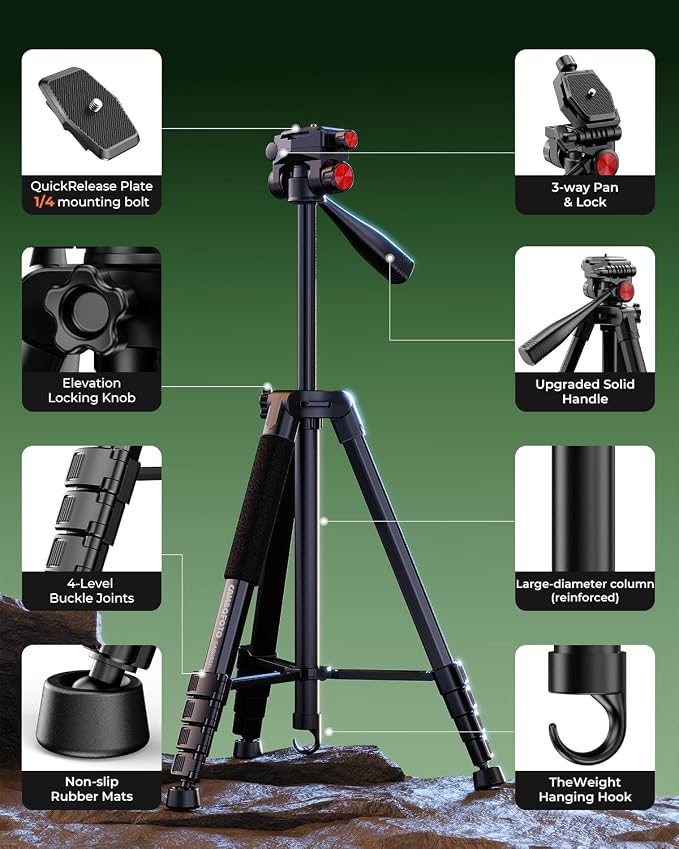 CAMBOFOTO 72" Camera Tripod for DSLR and Cell Phone, Pan Head, Aluminum | Portable Tall Tripod Stand with Phone Holder &Quick Release Plate, Compatible with Canon iPhone for Live Video Vlog Recording - Image 6