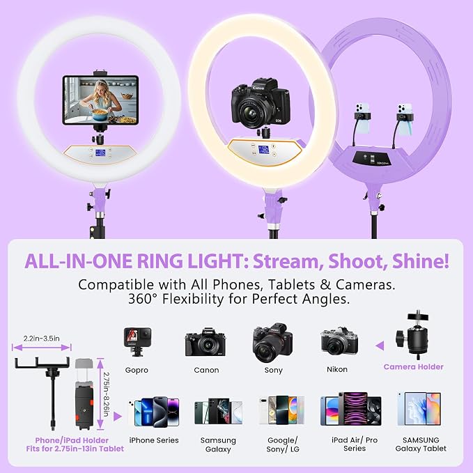 MACTREM Professional 22" Ring Light with Stand, Overhead Phone Mount | LCD Display, Phone Tablet Holders, 2 USB Ports, 75" Tripod for Barber Makeup Tattoo TikTok Video Recording Vlog - Image 7