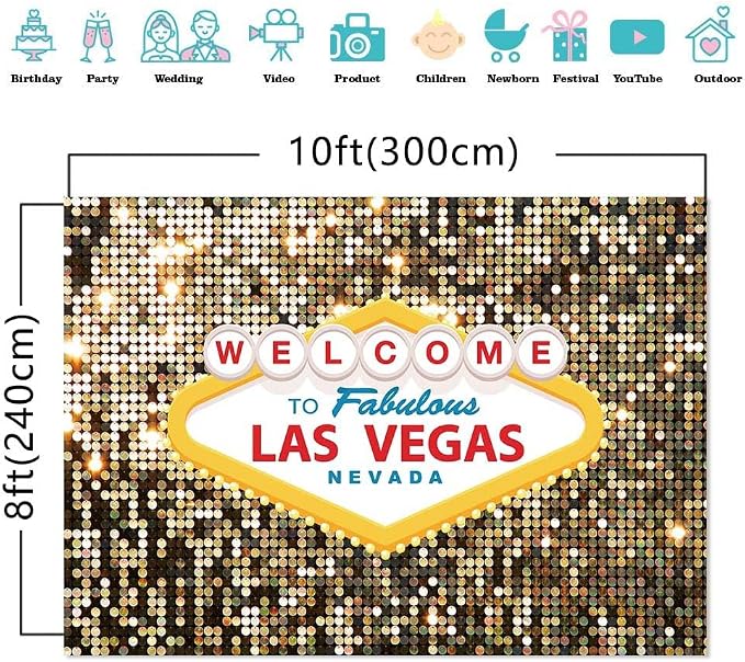 10x8ft Welcome to Las Vegas Party Photography Backdrops Vintage Birthday Prom Ceremony Baby Shower Banner Supplies Props Polyester Fabulous Casino Poker Movie Themed Photo Background - Image 3
