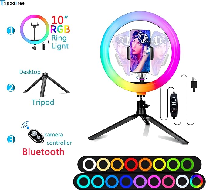 10" Selfie Ring Light with 4" Desktop Tripod Stand & 1 Phone Holder, LED Ringlight with Dimmable Modes(RGB) for Makeup/Photography/Videos/Vlog/TikTok (STDLR10-V2) - Image 2