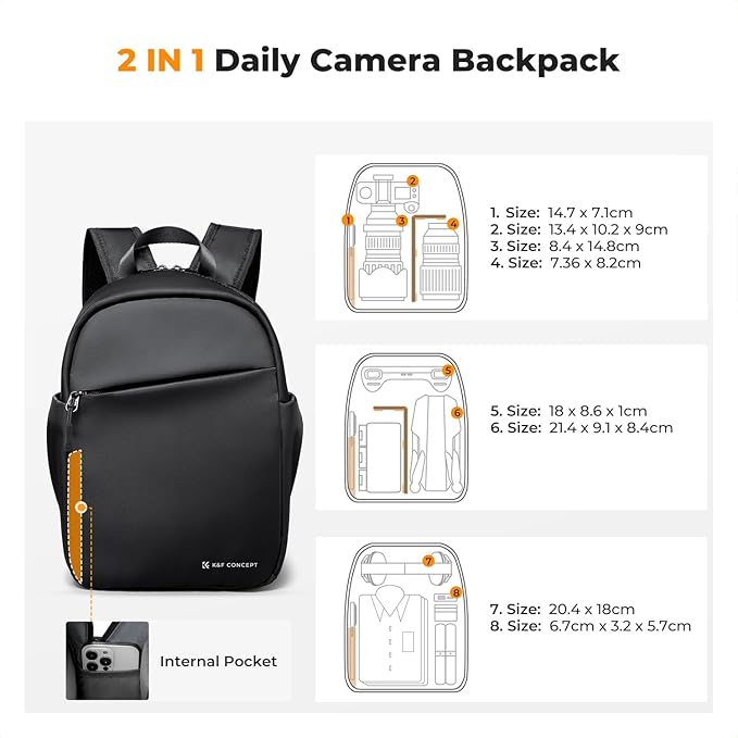K&F CONCEPT Camera Backpack, Lightweight Compact Camera Bag 5L | Water-Resistant, Dividers, 9.7in Tablet Compartment, Quick Access, Street & Urban, Men & Women, for Canon/Nikon/Sony - Image 4