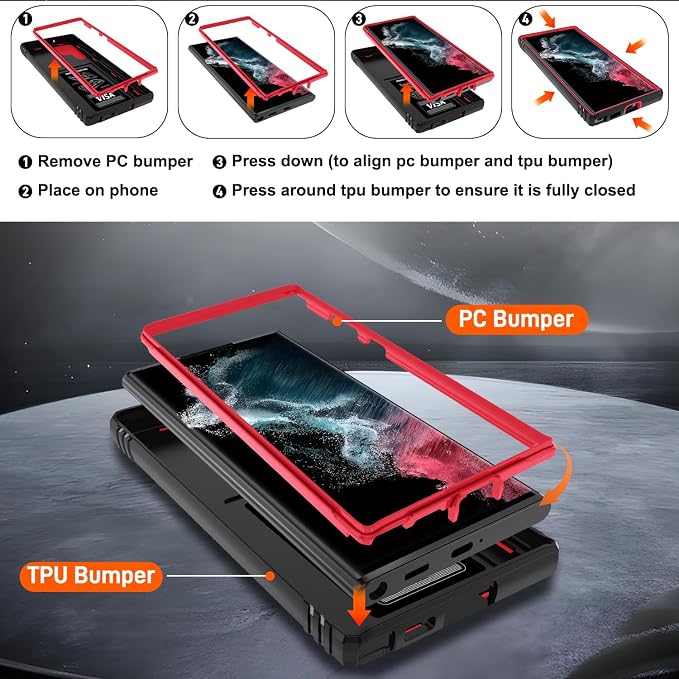 Gritup for Galaxy S22 Ultra Case Military-Grade Shockproof with Kickstand | with 2 PCS Screen Protector, Slide Camera Cover, Heavy Duty Outdoor Protection Funda para Samsung S22 Ultra Cover, Red+Black - Image 4