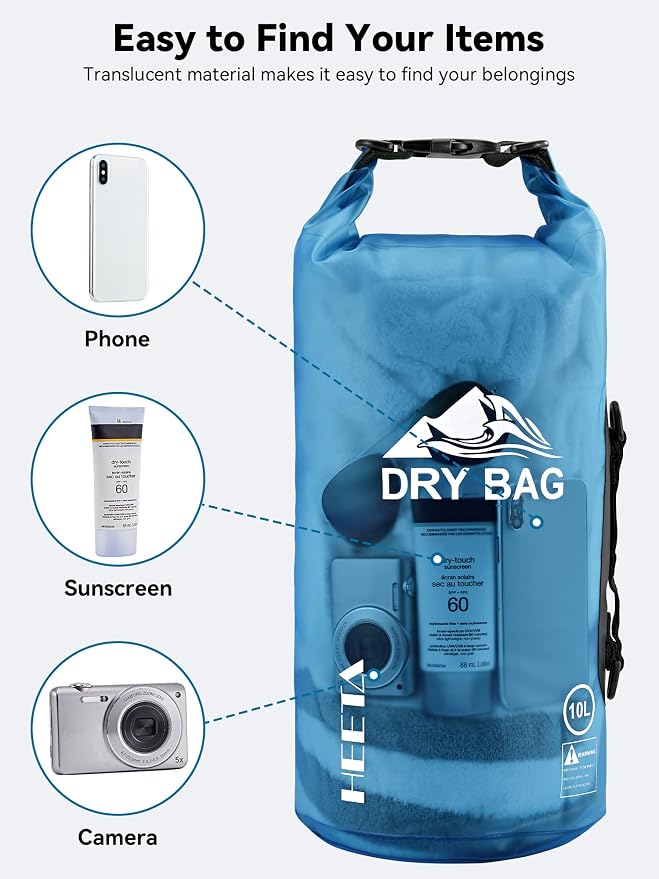 HEETA Dry Bag Waterproof Backpack with Phone Case 5L/10L/20L/30L/40L | Roll Top Lightweight Dry Storage Bag for Women Men, Travel Boating Kayaking Paddle Board Camping Beach Essentials Accessories - Image 7