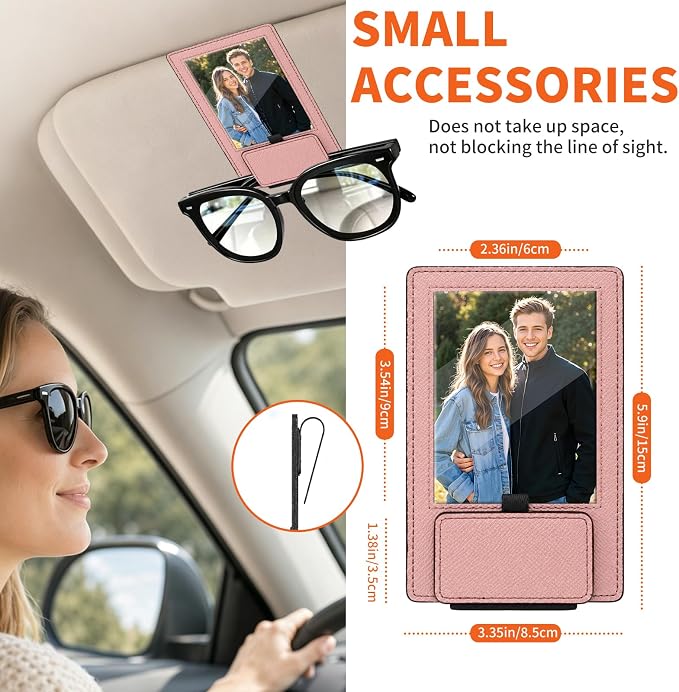 2-in-1 Car Visor Sunglasses & Photo Holder, Magnetic PU Leather Glasses Clip with Picture Display Slot, Universal Sun Visor Organizer for Eyeglasses, Personalized Cards & Memories, Soft Pink - Image 5